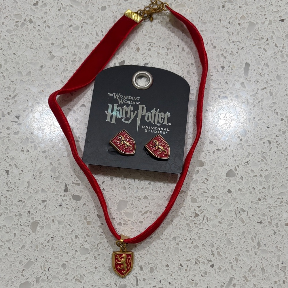 Universal Red and Gold Gryffindor Shield Necklace and Earring Set